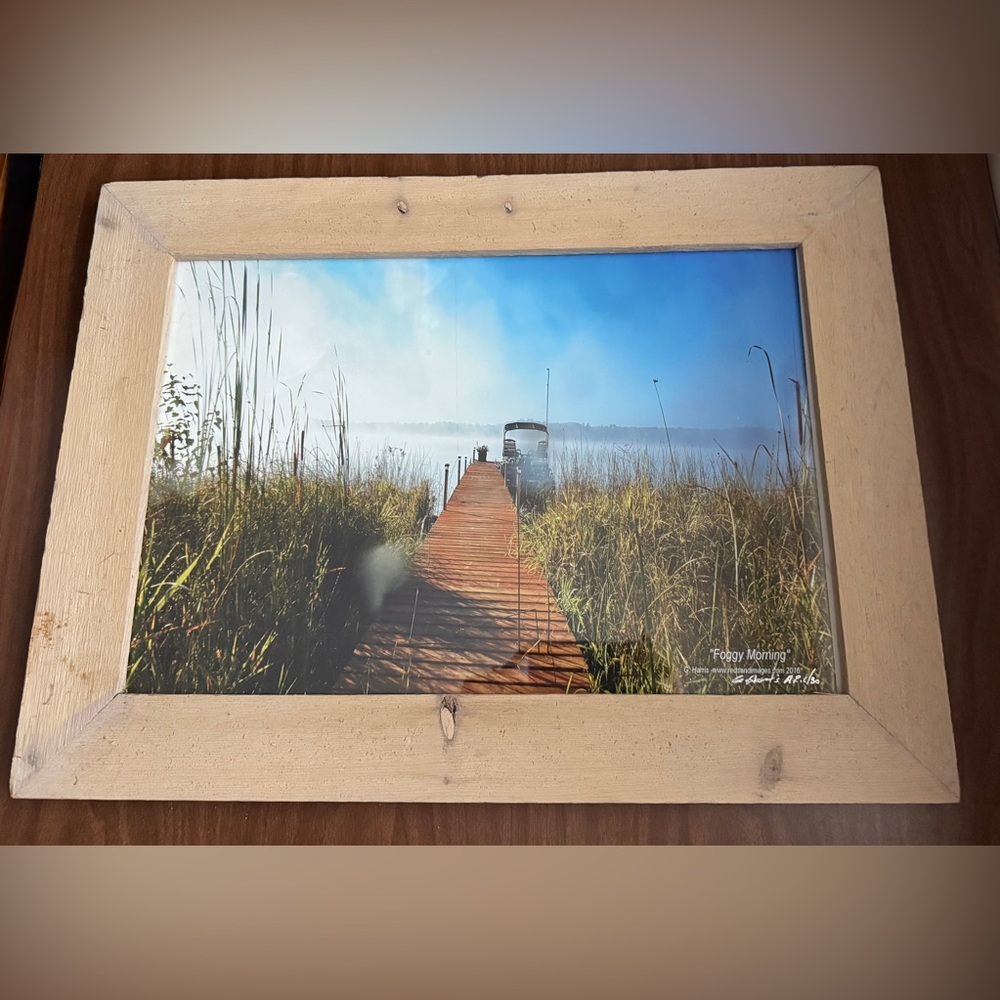Wooden Framed Foggy Morning Dock Art